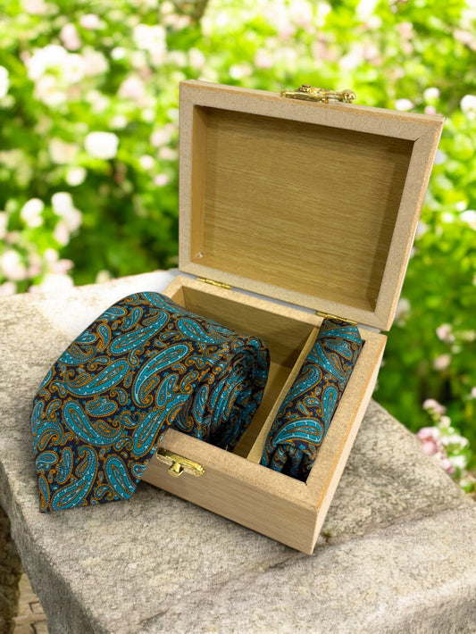 Turquoise & Amber Paisley Silk Necktie & Pocket Square Gift Set