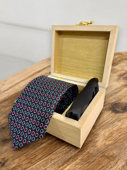 Black Geometric Silk Necktie & Pocket Square Gift Set