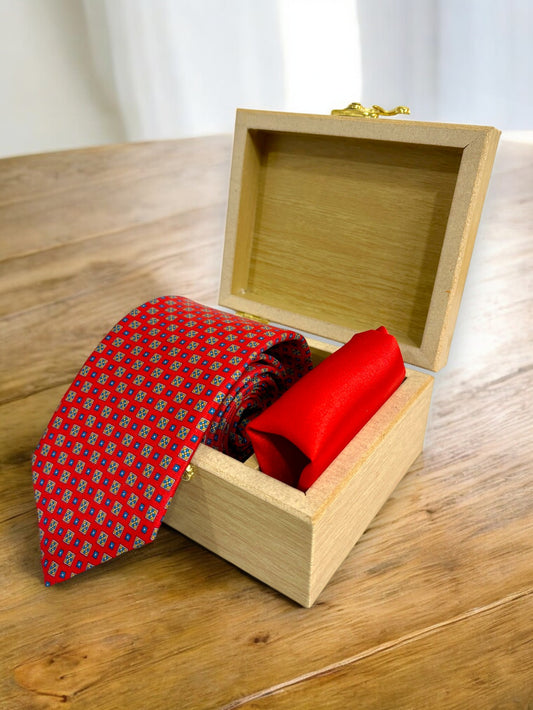 Bright Red Geometric Silk Necktie & Pocket Square Gift Set