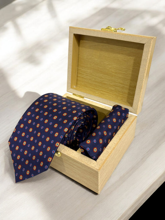 Navy Geometric Silk Necktie & Pocket Square Gift Set