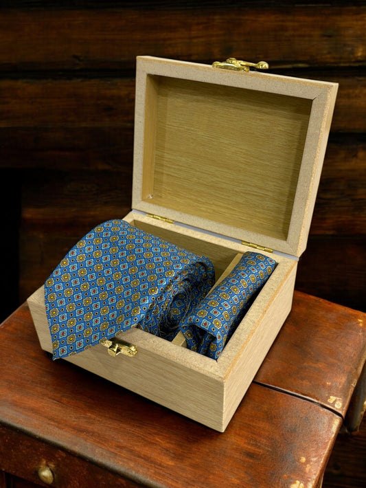 Blue Geometric Silk Necktie & Pocket Square Gift Set