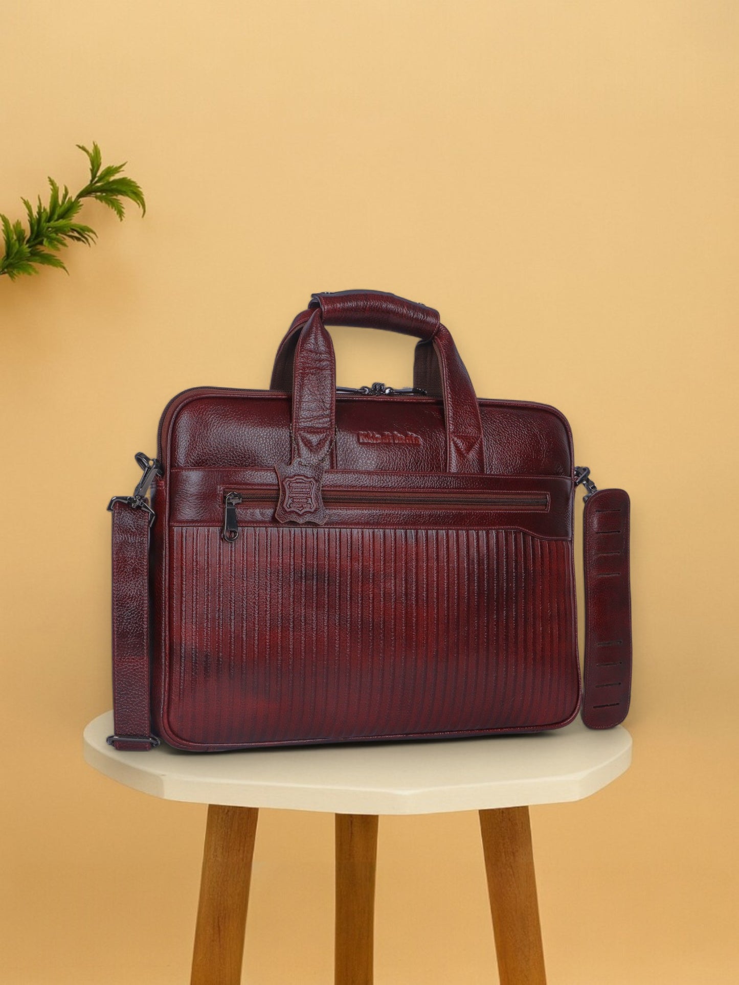 Vivid Maroon Lining Leather Laptop Bag
