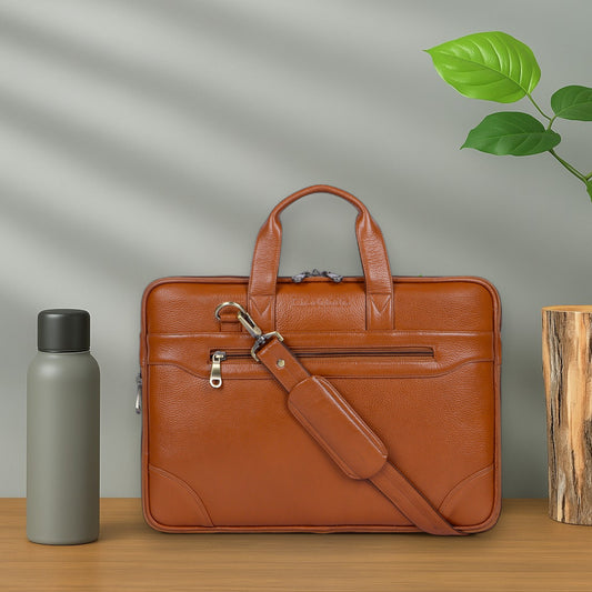 Timeless Tan Slim Leather Laptop Bag